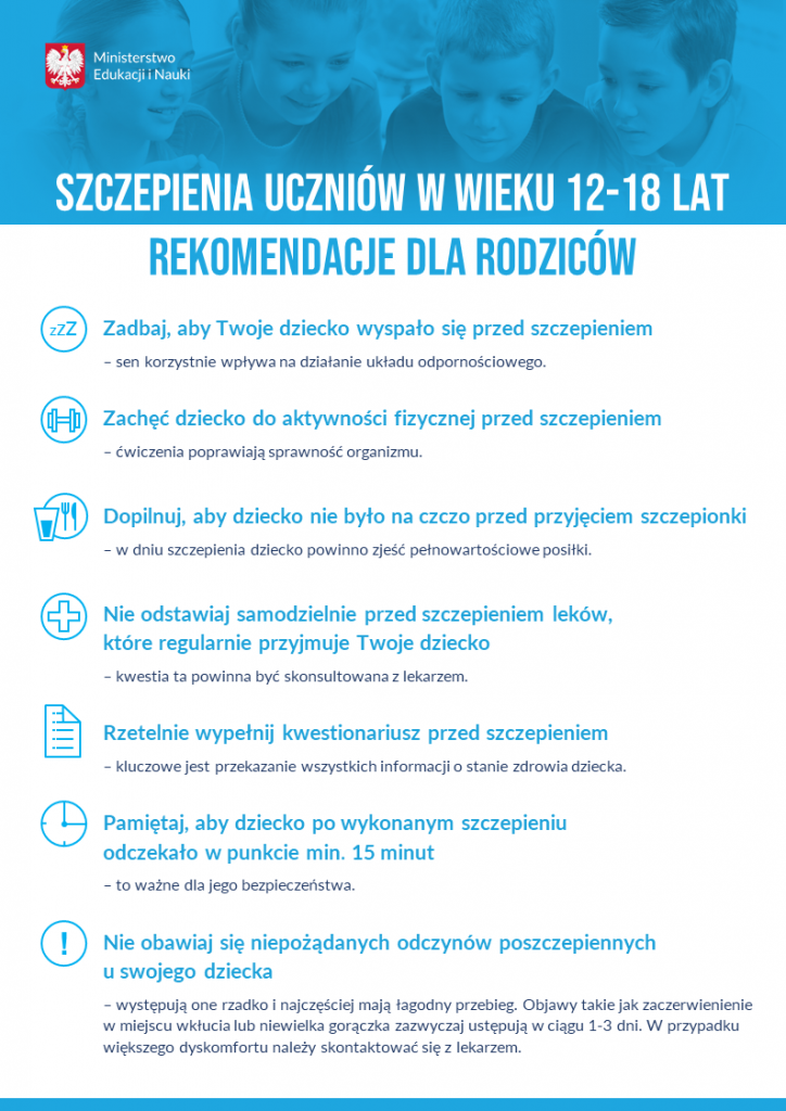 Szczepienia Uczniow W Wieku 12 18 Lat Rekomendacje Dla Rodzicow Plakat Informacyjny